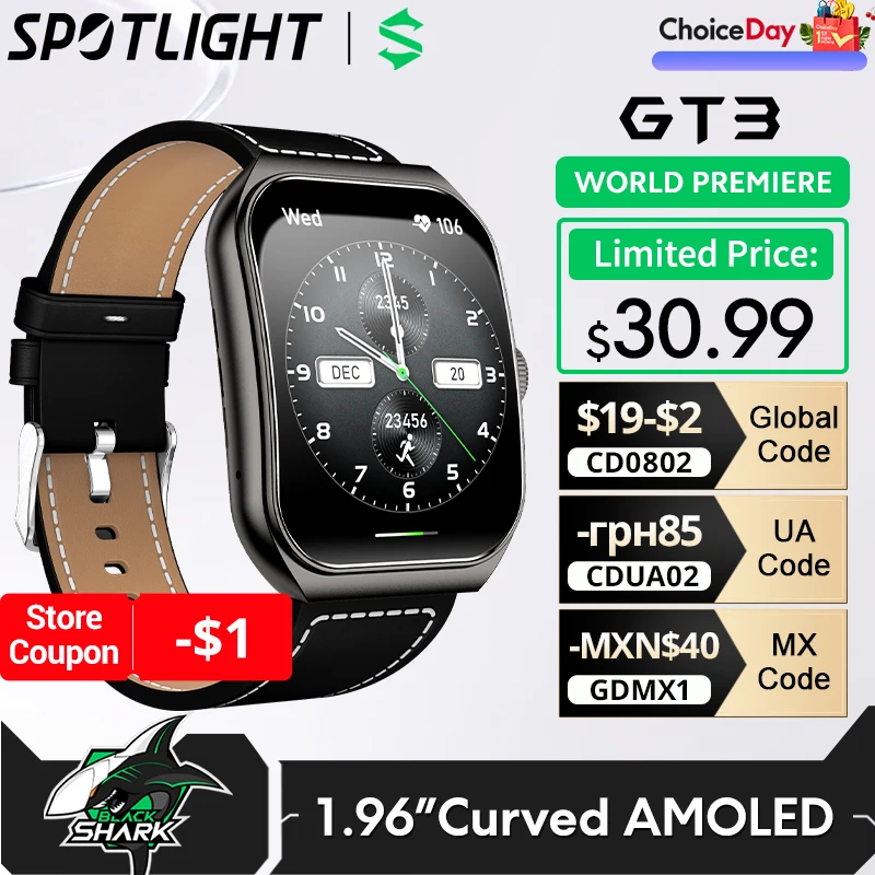 [World Premiere]Global Version BLACKSHARK GT3 Smart Watch Support Bluetooth Call 100+ Sport Modes 1.96'' Curved Amoled Display