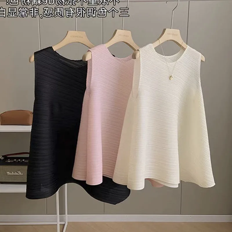 

Women 2023 Pleated Fold Vintage Loose Shirt Korean Fashion Clothing Sleeveless Top Summer Clothes