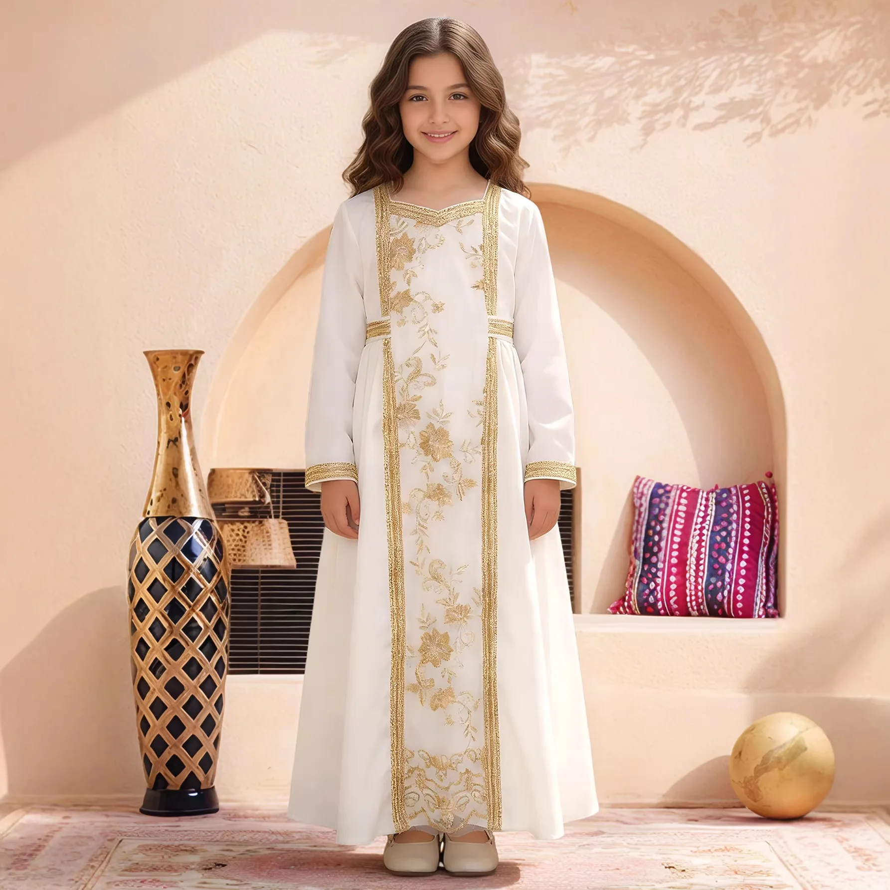 Vestido Abaya Eid para Crianças, Vestidos de Festa para Meninas, Jalabiya Bordada, Vestidos com Faixas, Muçulmano, Crianças, Dubai, Caftan, Robe Longo