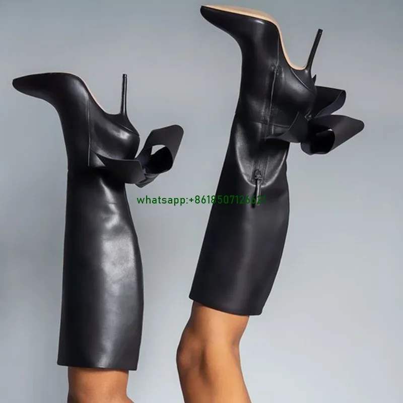 

Black Pointed Toe Bow Knee-High Boots With Side Zipper Slip-On Solid Color Leather Women's Boots