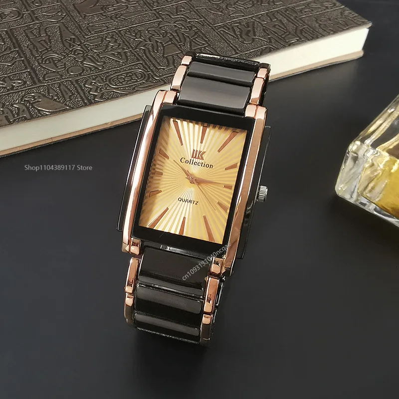 Керамические кварцевые мужские часы, модные роскошные прямоугольные наручные часы с календарем, черное золото, подарки для пары, часы Reloj Hombre
