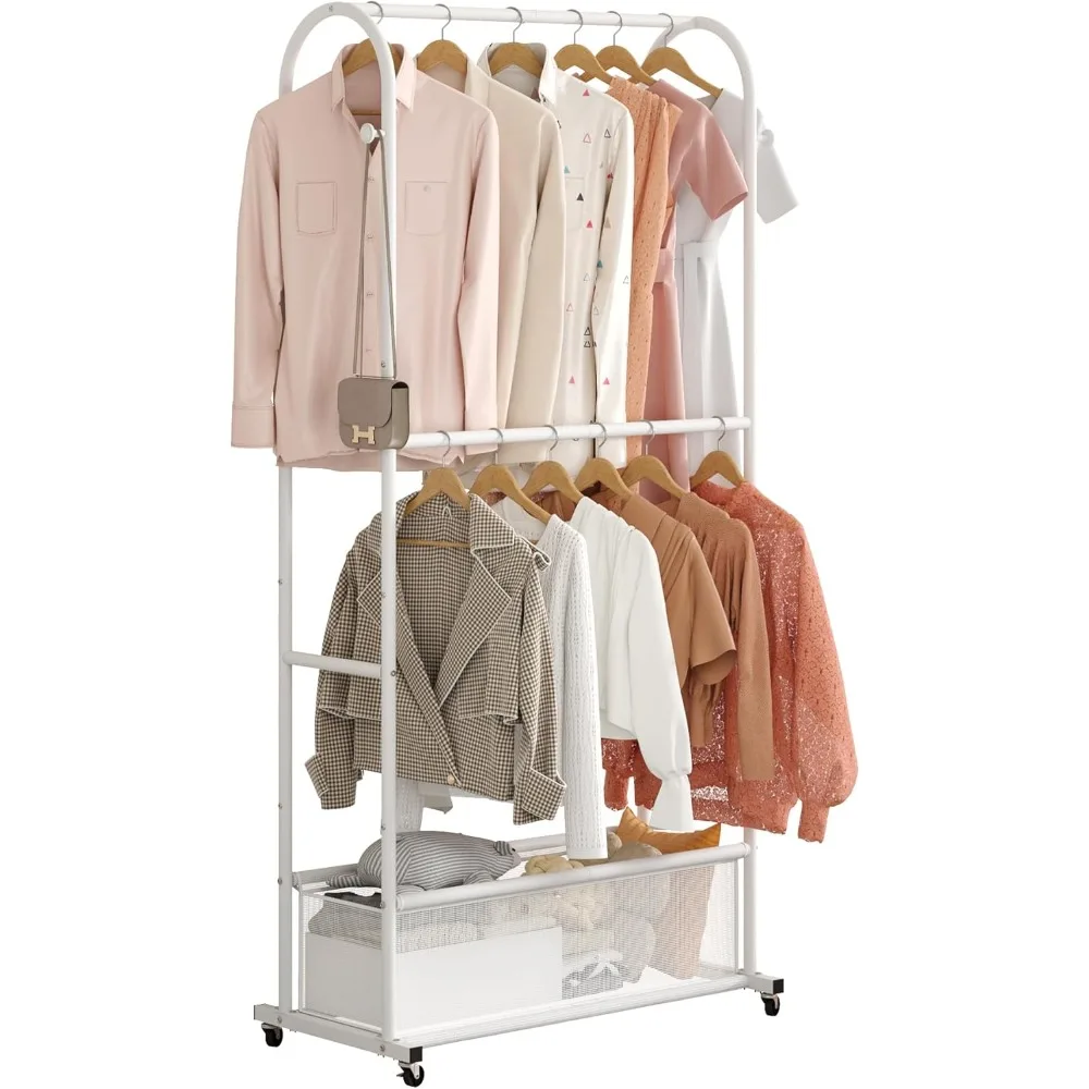 

Double Rods Clothing Rack with Wheels,Clothing Organizer for Hanging Clothes Coat Scarves Bags