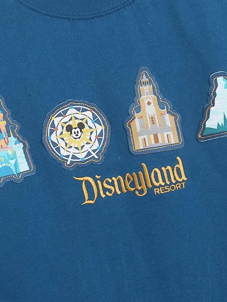 ديزني لاند والت ديزني العالم البلوز ميكي ماوس التطريز الكرتون تي شيرت مطبوع للجنسين زوجين المرأة طويلة الأكمام بلوزة مستديرة العنق