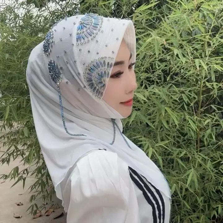 

Luxury Ethnic Caps Hijab for Women Muslim Face Veil Home Party Headband Headscarf Beading Diamond Black White Hijabs Fashion