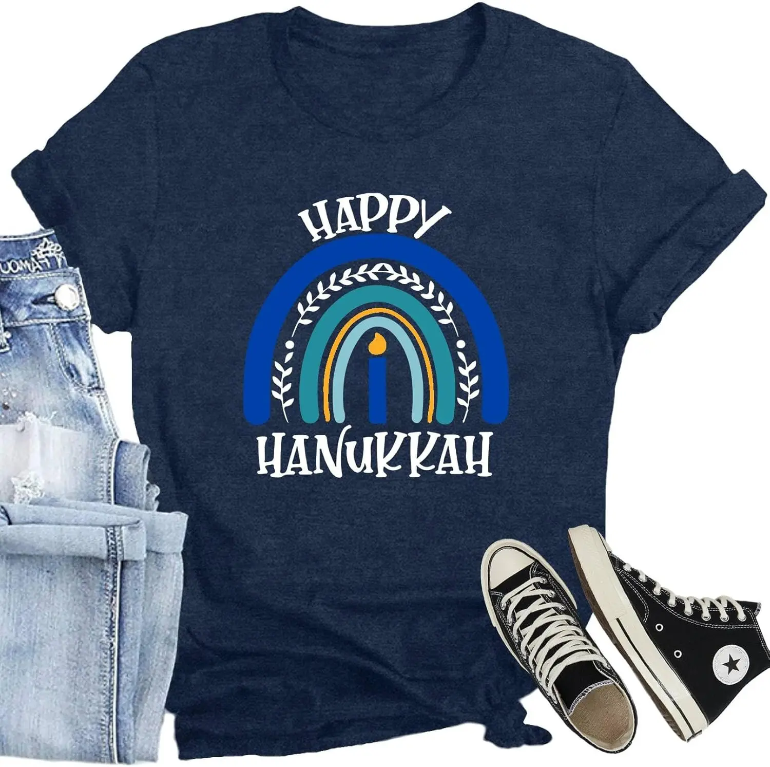 Happy Hanukkah Shirt Women Ugly Hanukkah T-Shirts Funny Jewish Menorah Chanukkah Tee Tops