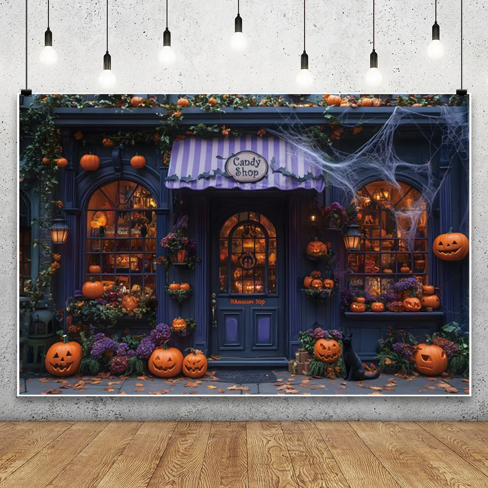 

Halloween Candy Shop Photography Backdrop Horror Pumpkin Lights Yellow Fallen Leaves Bat Halloween Party Decor Photo Background