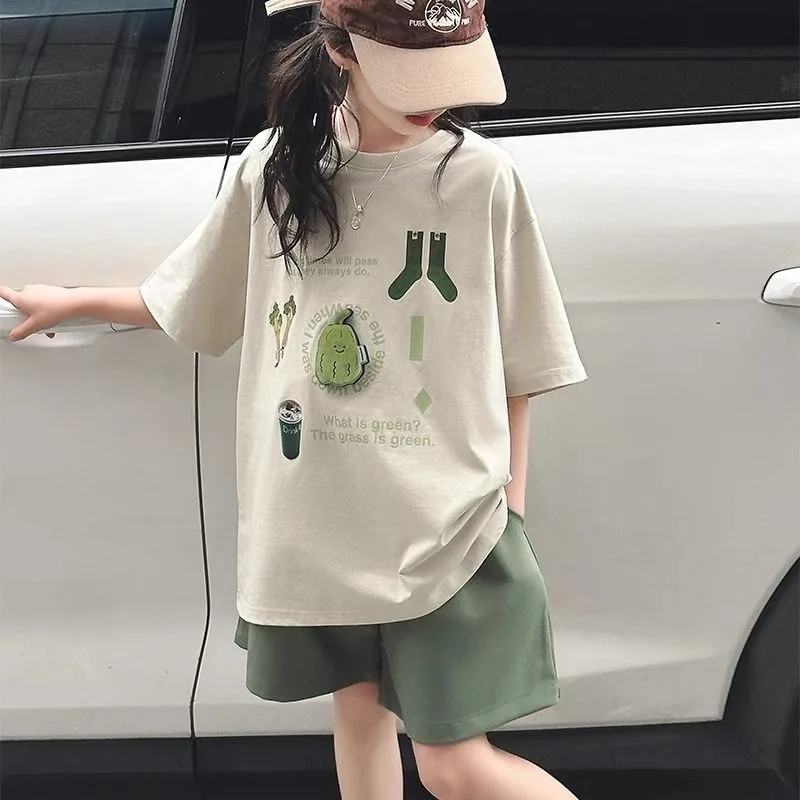 

2025 SUMMER children set Girls cotton Clothes tracksuit fruit teenager loose T-shirt top + shorts hot pant 4 8 5 9 7 10 12 years