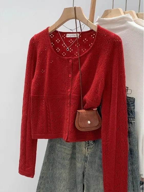 

Красный тонкий полый вязаный кардиган женский осенне-зимний ort Sle корейская мода уникальный красивый маленький топ качество мягкий нож...