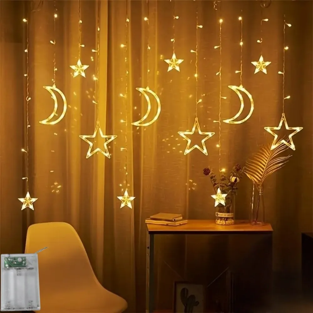 

1 шт. 3,5M120LED светодиодная гирлянда со звездой и луной, питание от батареек 3AA (искл.), подходит для украшения спальни и комнаты в честь Рамадана