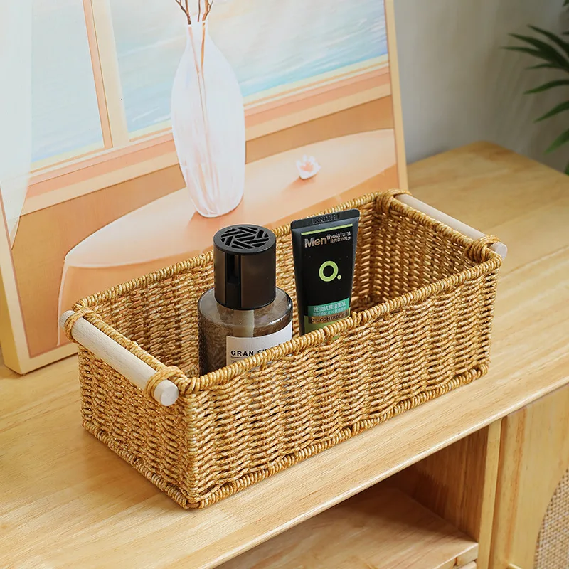 Imitation Rattan Baskets for Organizing Organizer Long Narrow Woven Baskets Rectangular for Bar Bathroom Bedroom Coffee Table