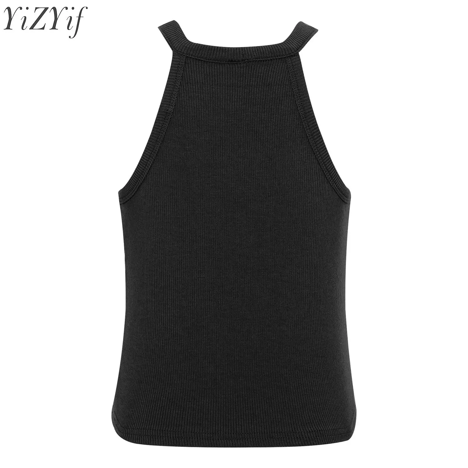 

Kids Girls Ballet Crop Top Halter Ribbed Sleeveless Vest Solid Color Tank Tops for Beachwear Vacation Weekend Picnic Photo Shoot