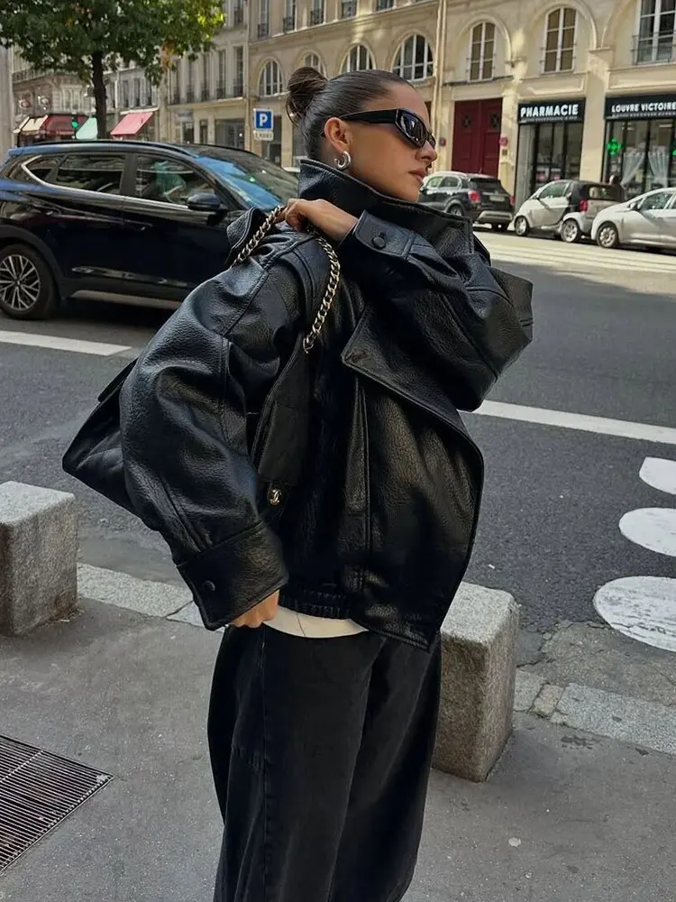 HH Frauen Vintage Pu Leder Bomber Jacke Rollkragen Lange Sleeve Zipper Faux Leder Mäntel Herbst Winter Mode Dame Streetwear