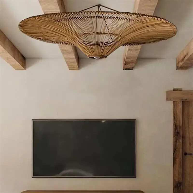 โคมไฟเพดานสไตล์ญี่ปุ่นวาบิซาบิ งานศิลปะหวายย้อนยุค สำหรับห้องนั่งเล่น ห้องนอน ห้องรับประทานอาหาร สไตล์เอเชียตะวันออกเฉียงใต้