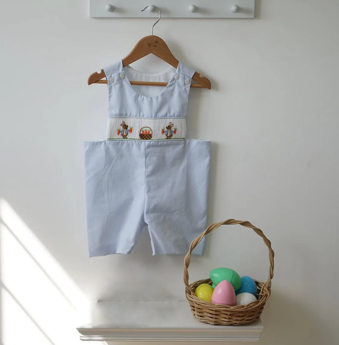 Baby Girl Summer Blue Rabbit Embroidery Handmade Smocked Vintage Princess Dress Boy Suit for Birthday Easter Photography  A1