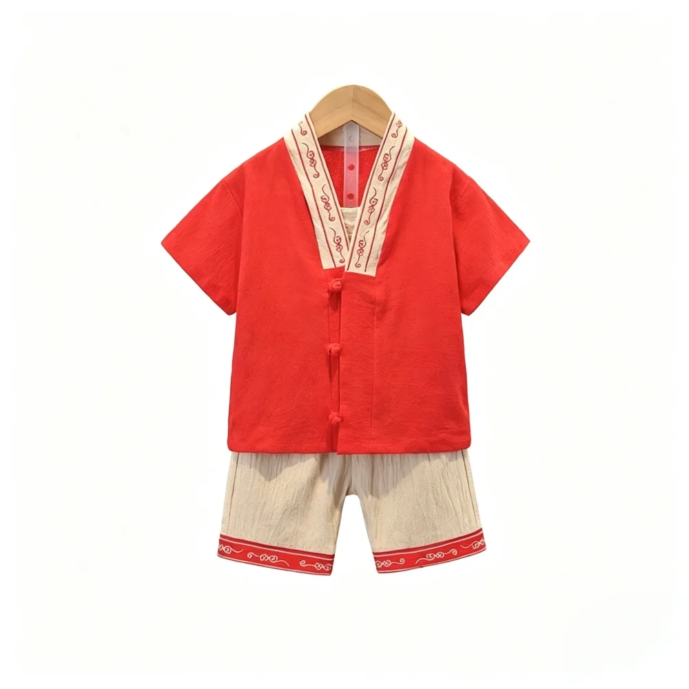 Toddler Boy V Collar Chinese Hanfu Outfit Summer Short Sleeve Tang Suit Embroidery Kids Festival Party Costume