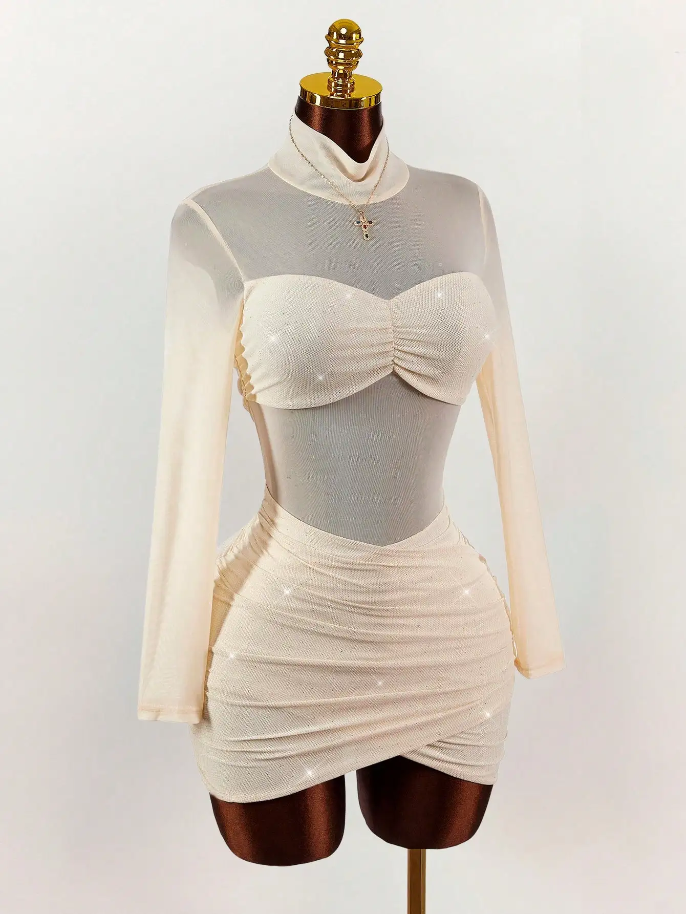 

Мини-платье Y2K с сетчатой накладкой и драпировкой, с воротником-стойкой, для вечеринок, осень-зима