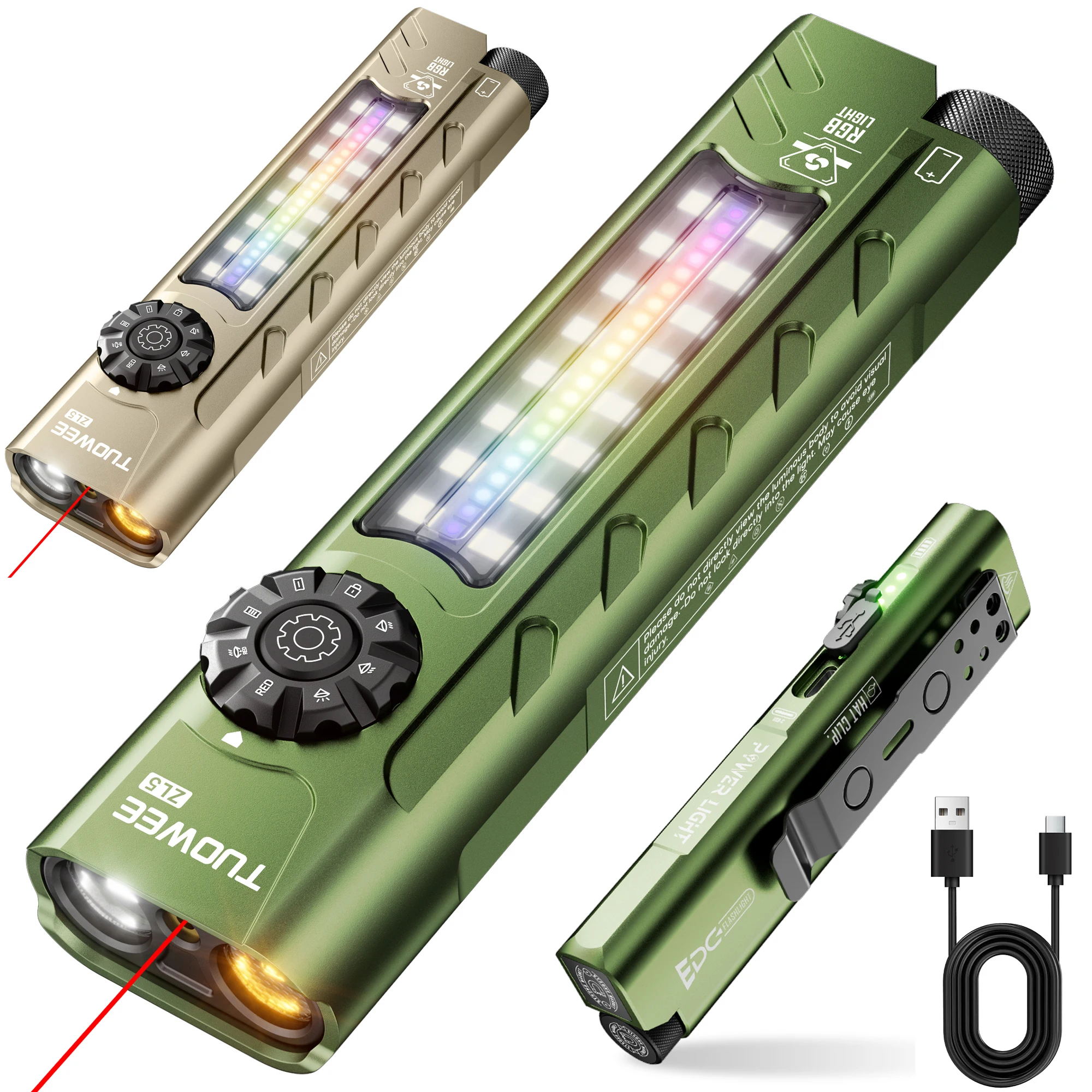 Flat EDC Rechargeable Flashlight, 1100 Lumens Pocket LED Work Light with Rotary Control & Safety Lock, RGB Side Ambient Light