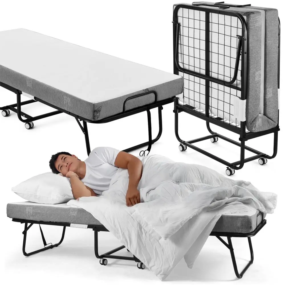 Folding Bed with Mattress 75x39 Twin Size Frame Portable Rollaway Guest Bed with 5inch Memory Foam Mattress SpaceSaving Foldabl