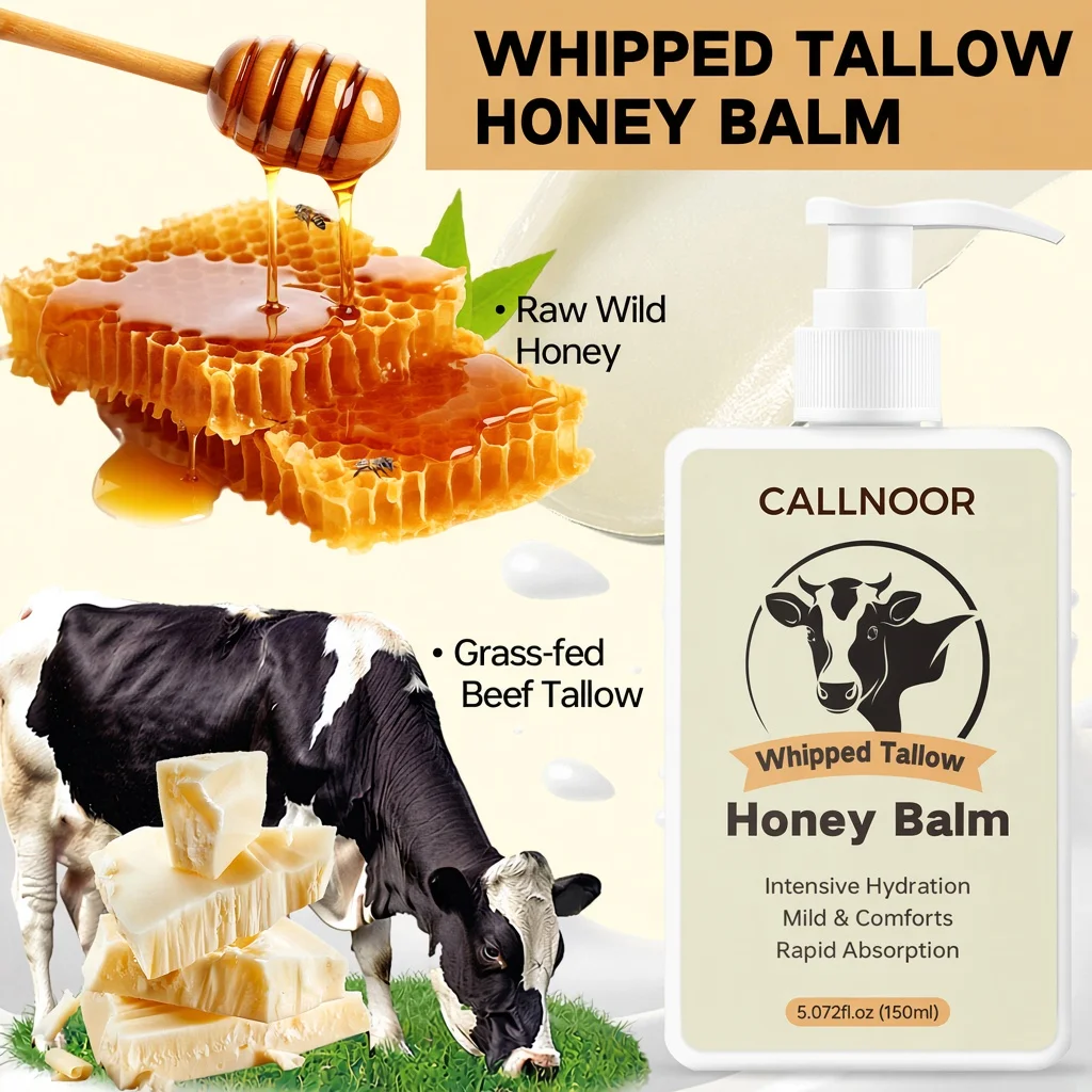 Whipped Tallow Honey Balm, Grass-Fed Beef Tallow & Raw Wild Honey Lotion, Intensive Hydration Mild Comfort Rapid Absorption.