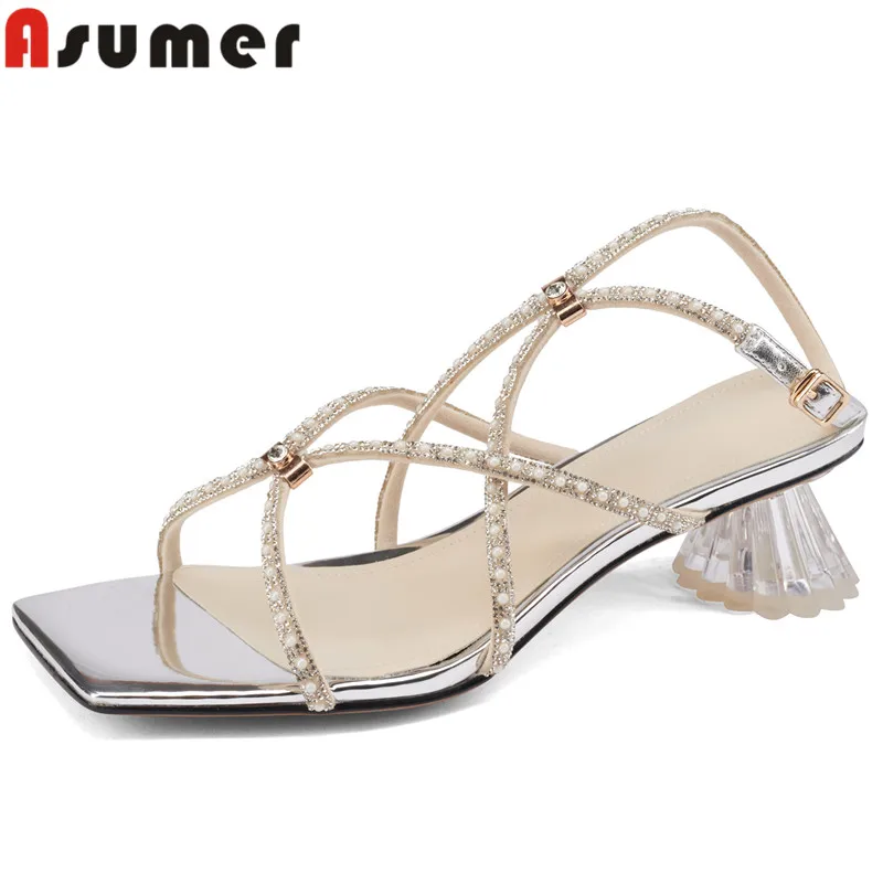 

ASUMER 2024 New Sexy Genuine Leather Buckle Women's Sandals Strange Style Med Heels Sandals Ladies Crystal Wedding Shoes