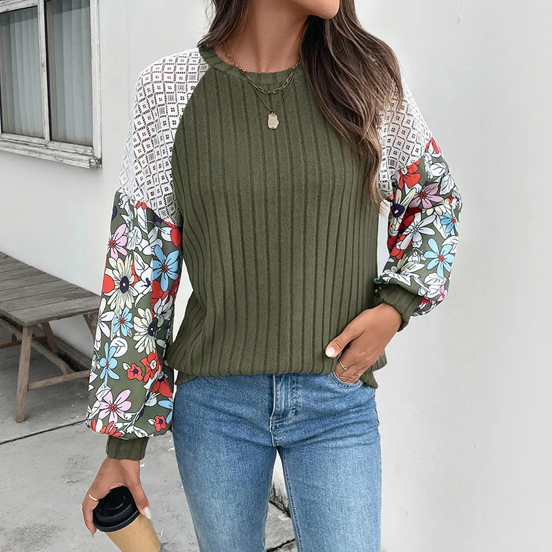 Jersey de punto de manga larga con cuello redondo holgado informal empalmado para mujer, jerséis, nueva moda para otoño e invierno, ropa femenina, Tops