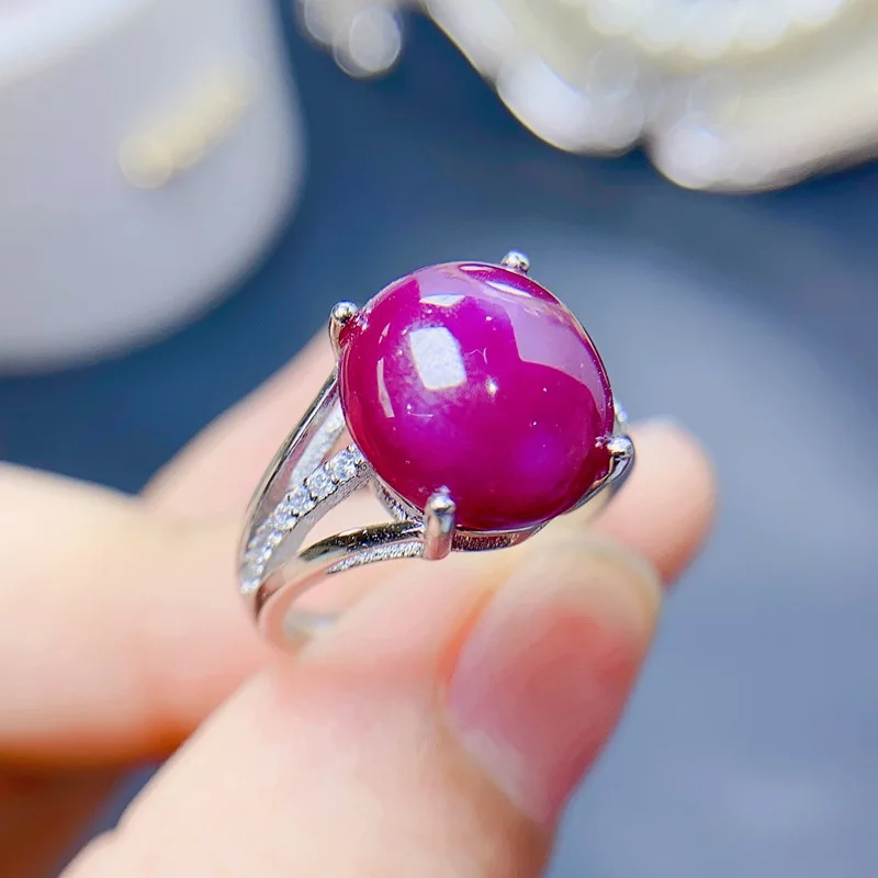 Heated Ruby Cabochon Ring 10x12mm Main Stone 925 Sterling Silver Adjustable Size Statement Ring for Women
