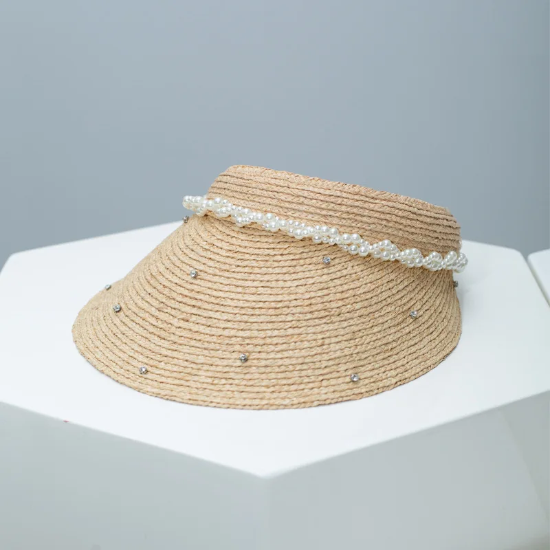 French Rhinestone Pearl Chain Straw Hat for Women Fine Weave Raffia Open Top Summer Sun Protection Cap