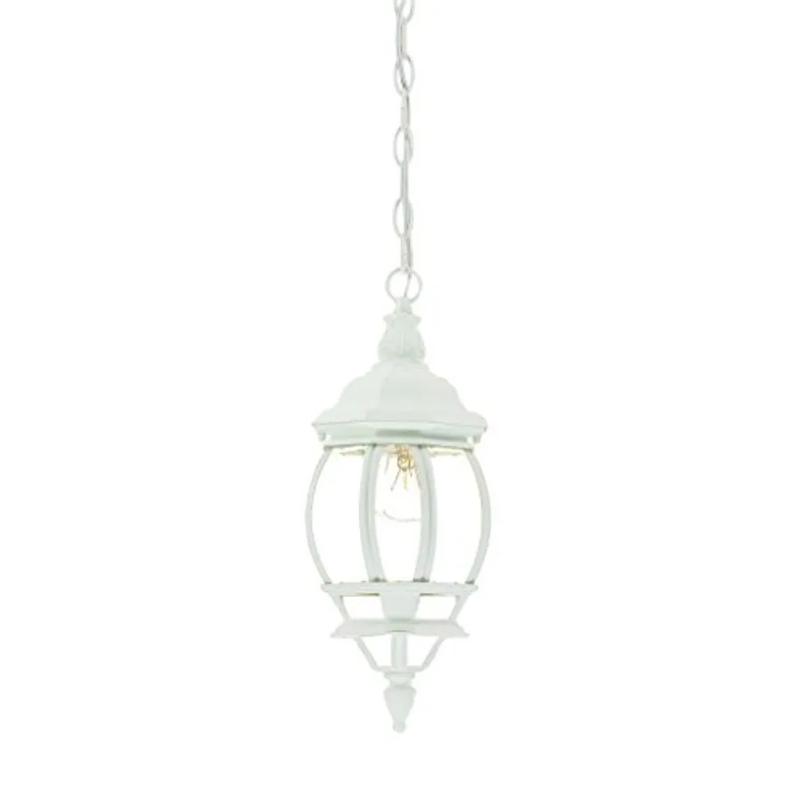 

Outdoor hanging lantern for patio use, textured white metal fixture with weather-resistant finish, elegant chateau-style design