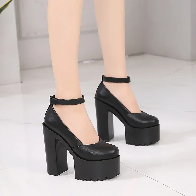 Women Pumps 14CM Thick High Heels Black Sexy PU Slip On Round Toe waterproof Party Wedding Office & Career shoes for women 2020