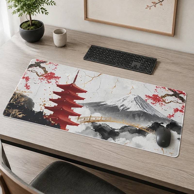 Red Pagoda Ink Mount Fuji Mouse Pad Gamer printon demand Mousepad XXL Mechanical Keyboard Pad Carpet Natural Rubber Non-Slip