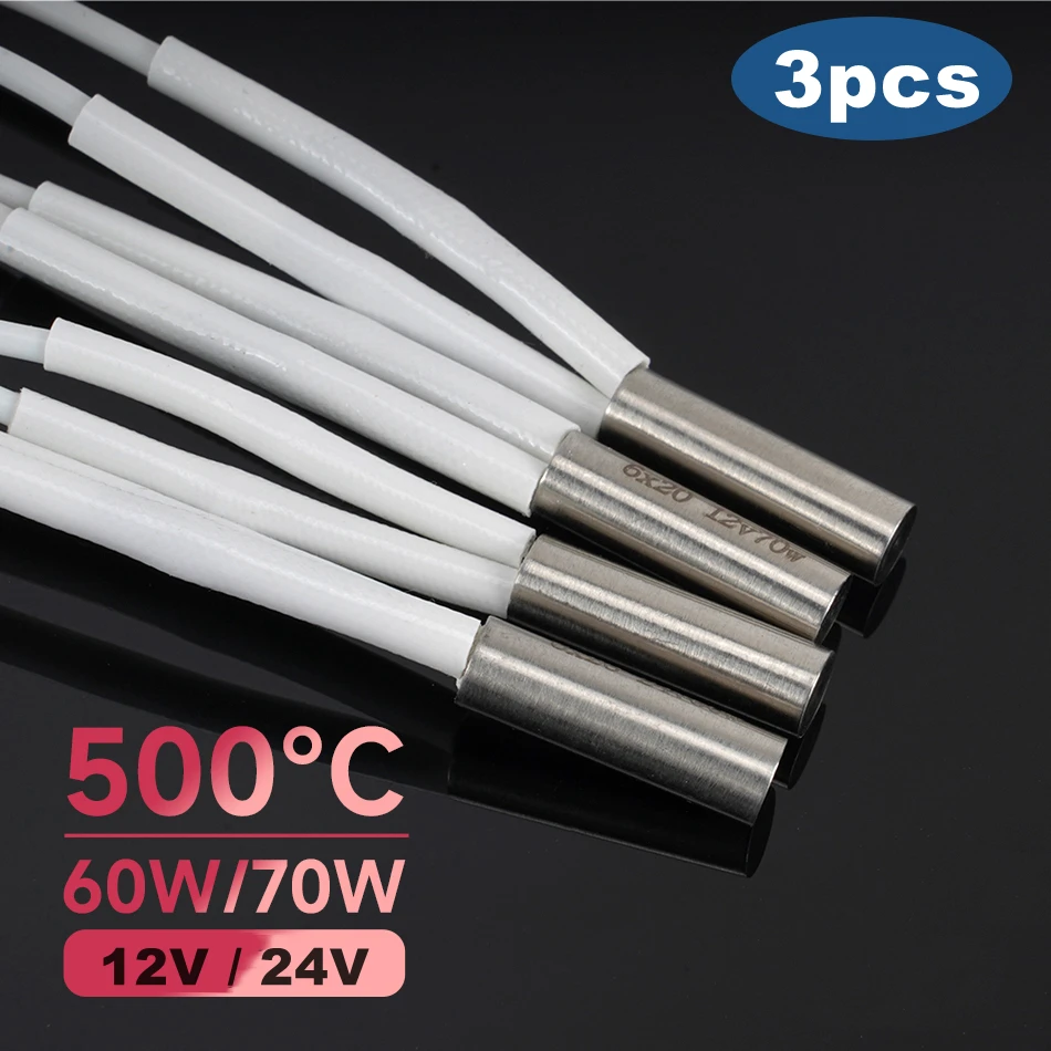 3pcs 60W 70W Heater Cartridge 12V/24V 500℃ High Temperature Heating Tube For V6 HOTEND Volcano MK8 MK9 CR-10 ender 3 6*20MM 1M