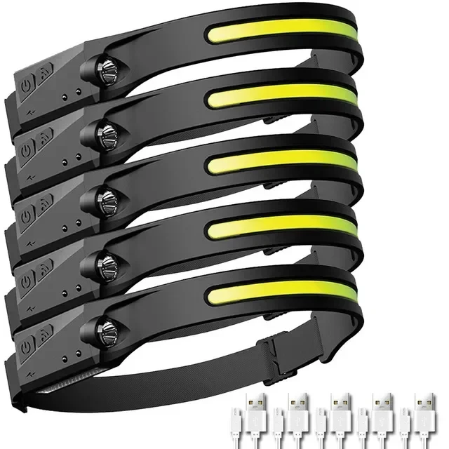 LED COB Induktions-Stirnlampe, USB wiederaufladbar, 5 Beleuchtungsmodi, Lampe mit eingebautem Akku für Outdoor-Camping, Angeln