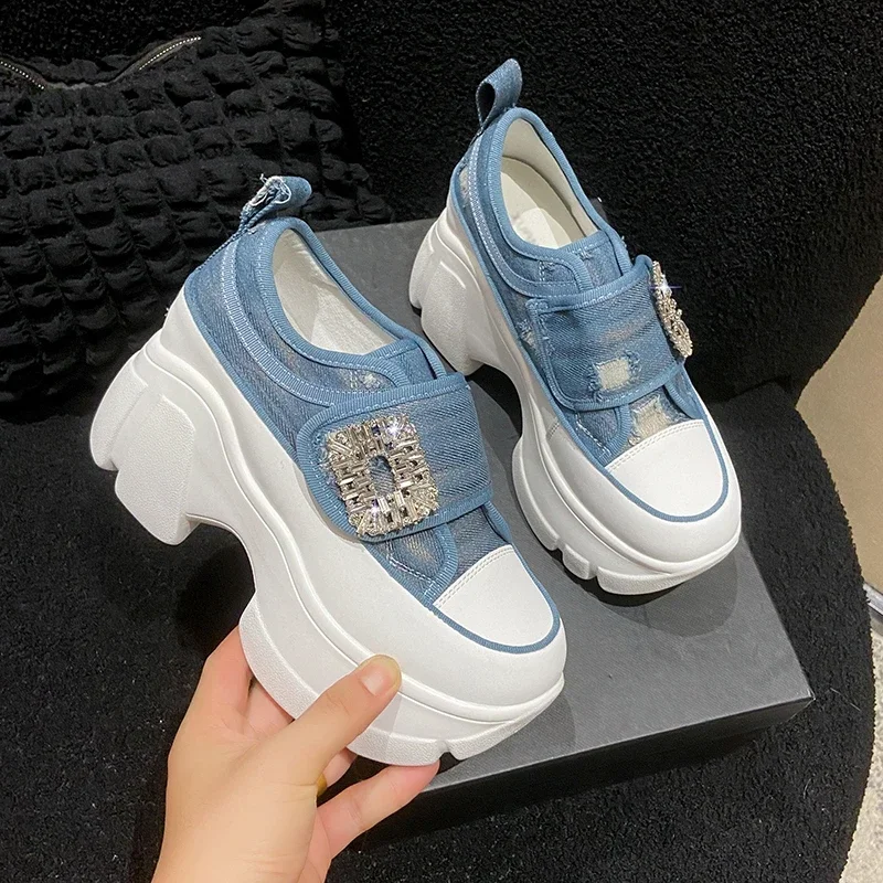 Thick Sole Vulcanized Shoe Fashion Designer Square Buckle Rhinestone Trend Platform Footwear New Women Denim Canvas Shoes