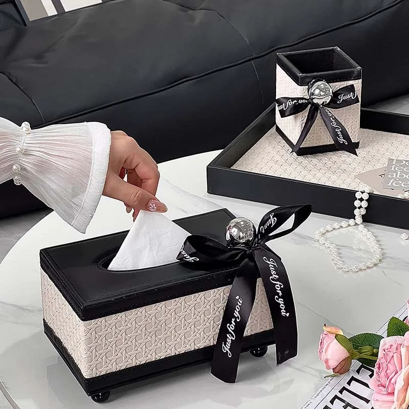 

Premium Tissue Box, Home Living Room Woven Tissue Storage Box with Tray Set