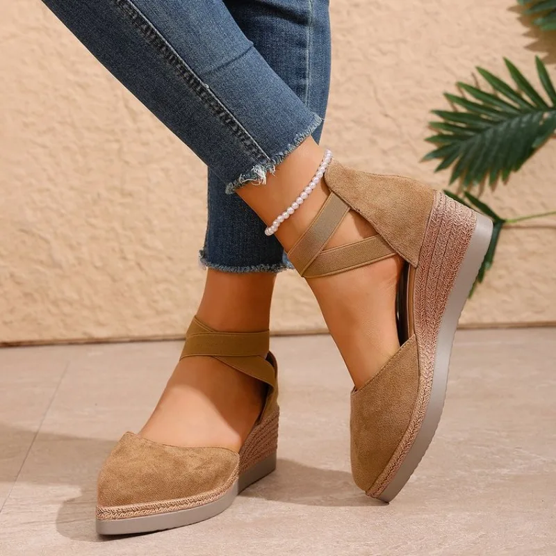 Women's Wedges Espadrille Sandals Closed Toe Elastic Cross Strap Platform Mid Heel Suede Look Casual Daily Outdoor Walking Shoes