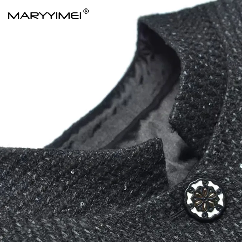 MARYYIMEI-abrigo elegante de otoño e invierno para mujer, abrigo con cuello levantado y una hilera de botones, manga larga, Tasserl con cuentas, abrigo de nuevo estilo