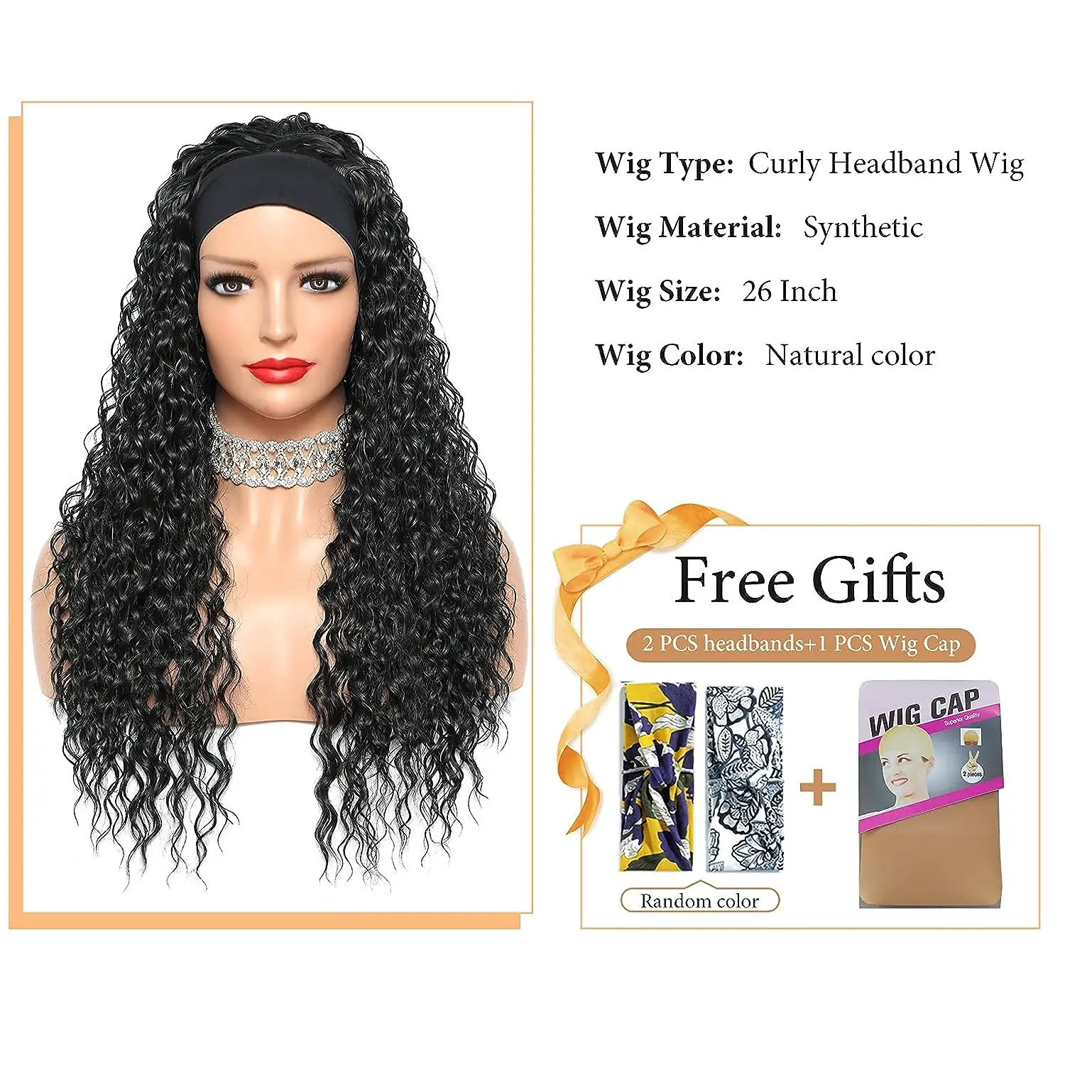 Synthetic Curly Headband Wig for Black Women 26 Inch Water Wave Headband Wigs with Headbands Attached Wavy Curly Glueless Black Half Wig 150% Density for Daily Use