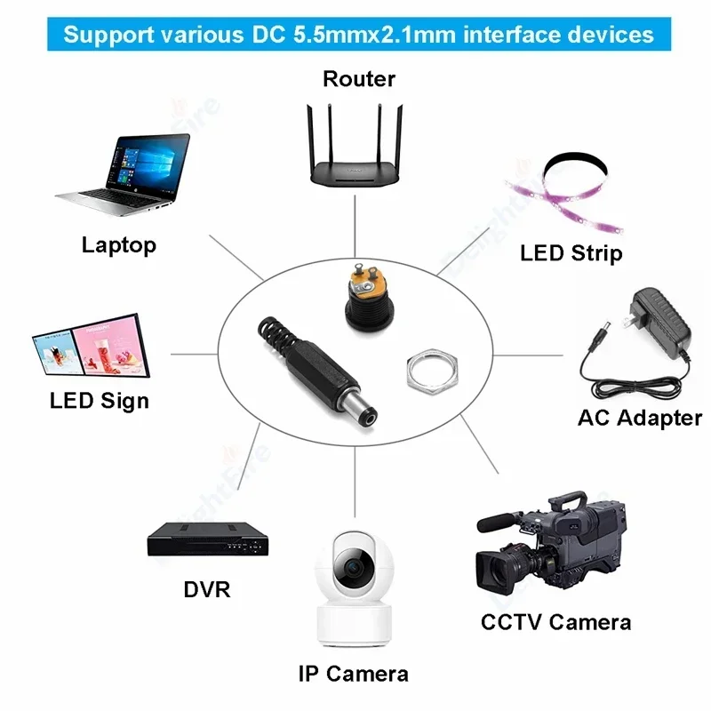 Connecteur d\'adaptateur d\'alimentation CC mâle et femelle, écrou à vis, montage sur panneau, 12V, 3A, 5.5mm, 2.1mm