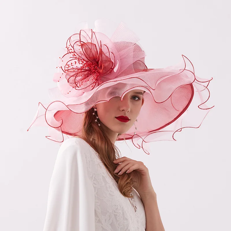 New Women\'s Kentucky Derby Hat Organza Large Wide Brim Sun Hats With Flowers Elegant Ladies Church Wedding Formal Fascinator Hat