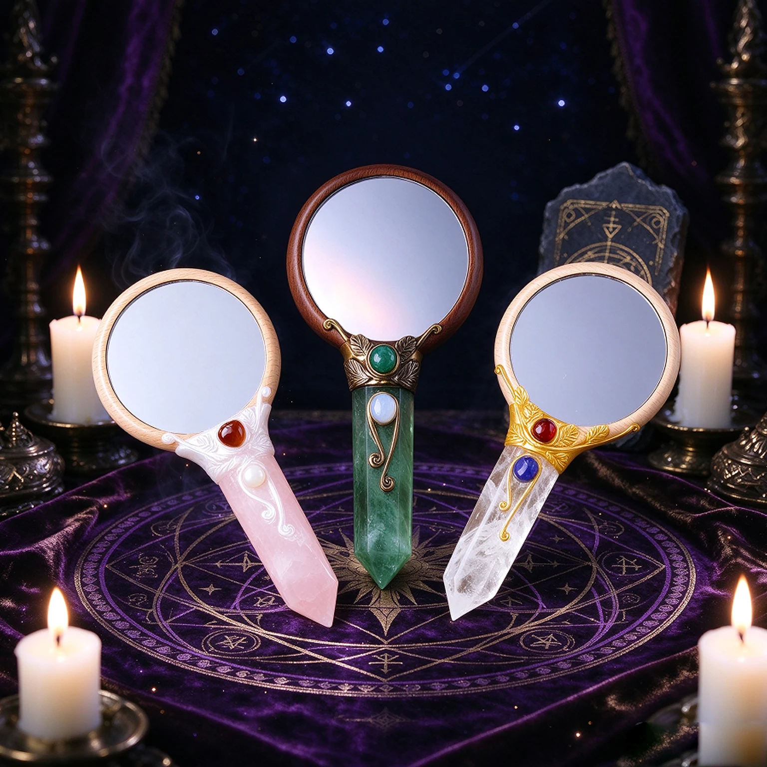 1PC Natural Crystal Bohemian Rose Quartz Point Witch Scrying Mirror,Crystal Gazing Mirror for Meditation Spiritual Practice, Wit