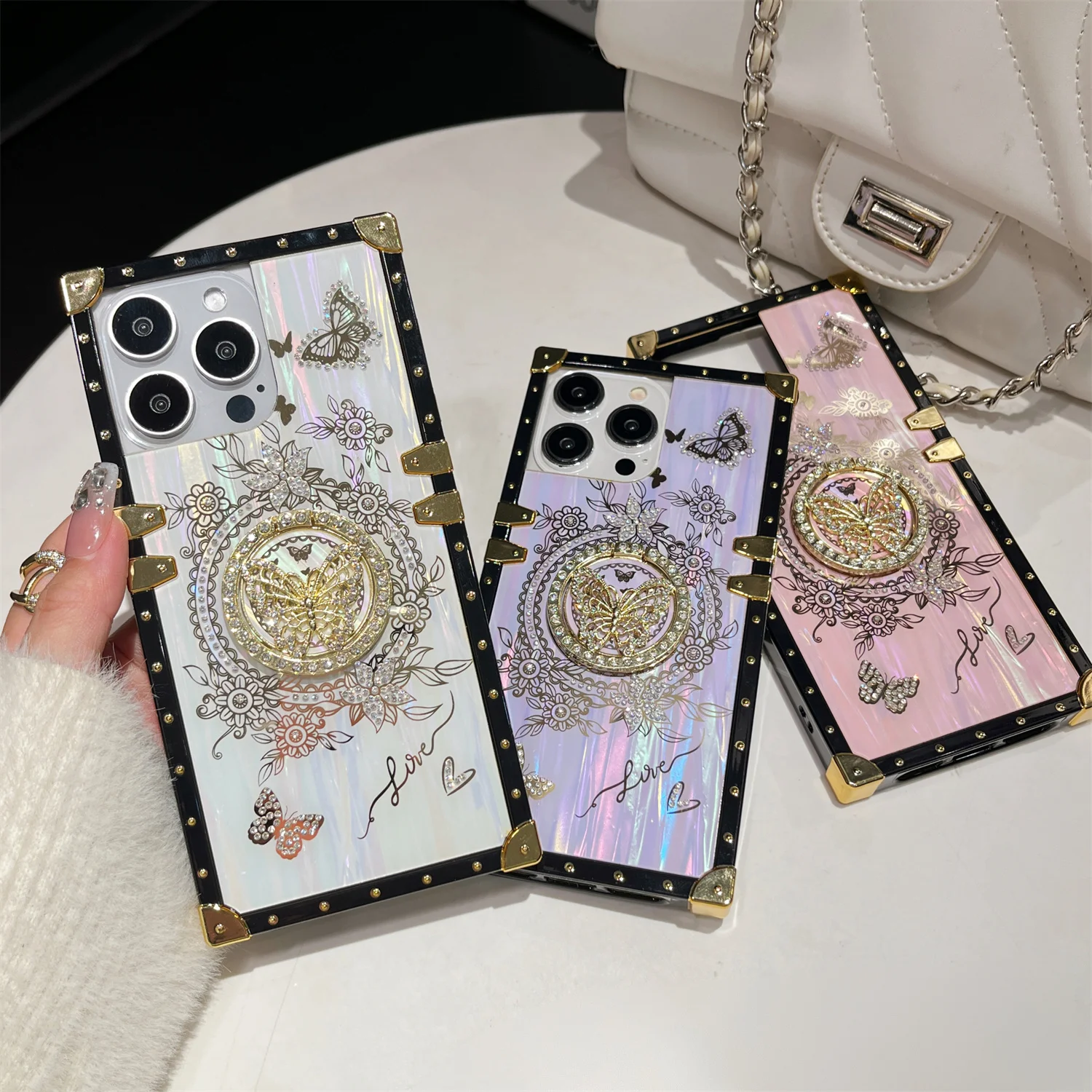 Luxury Laser Shell Pattern Case For iPhone 15 Pro Max 14 13 12 11 Diamond Butterfly Stand Holder Shockproof card Cover