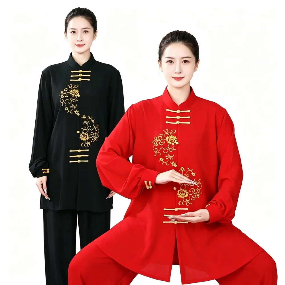 Unisex Tai Chi Uniform Gold Peony Embroidery Pearl Elastic Cotton 2Pcs Set Chinese Wushu Kung Fu Suit For Practice Performance