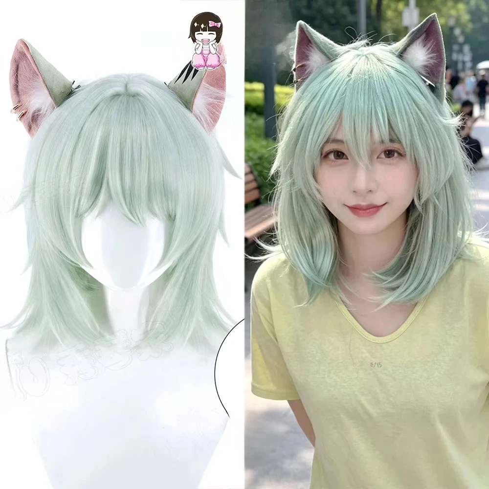 Sato Yaniko Cosplay Wig Mint Green Anime Cat Ears Synthetic Hair Heat Resistant Wigs for Women Party Halloween Roleplay