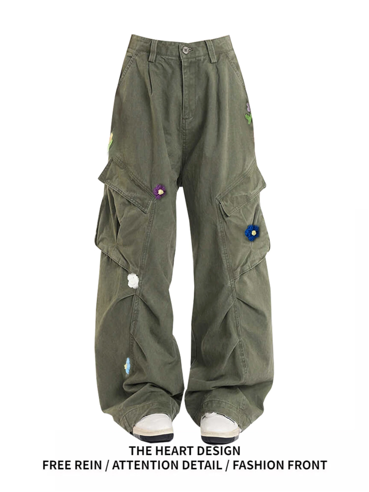 

Women's Embroidered Cargo Pants High Waist Baggy Wide Leg Trousers Vintage Streetwear Casual Loose Pants With Multiple Pockets