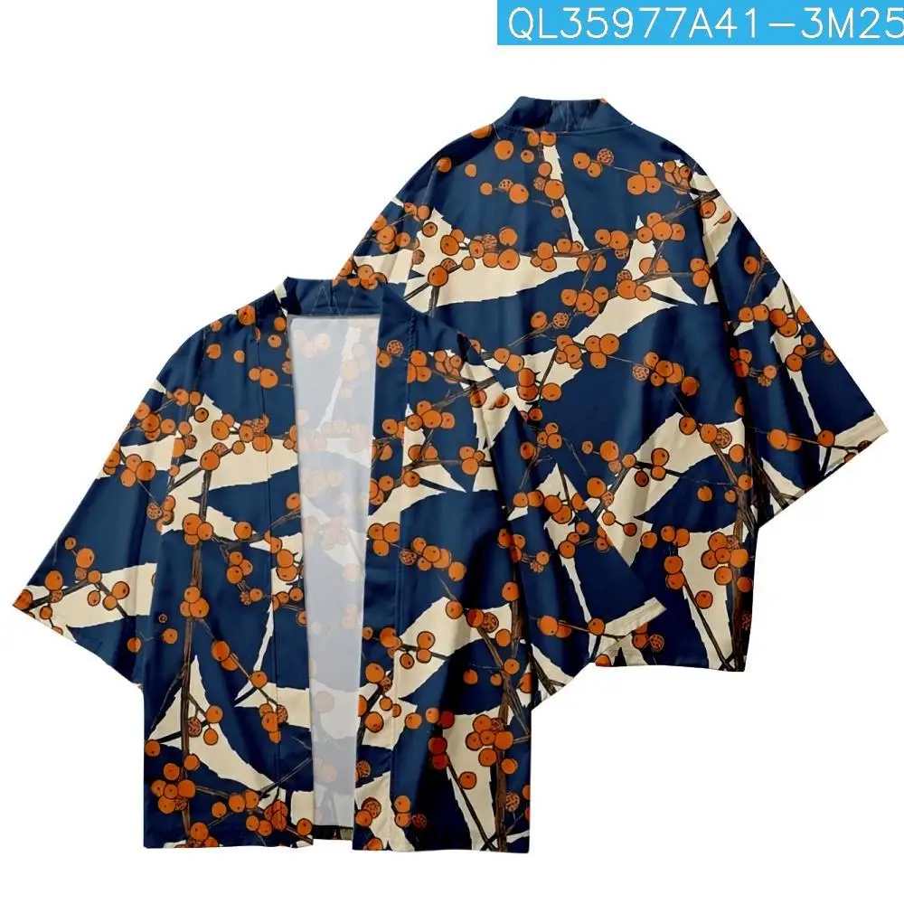 Loose Cartoon Orange Printed Kimono Beach Shorts Streetwear Summer Casual Couple Women Men Haori Yukata Cardigan