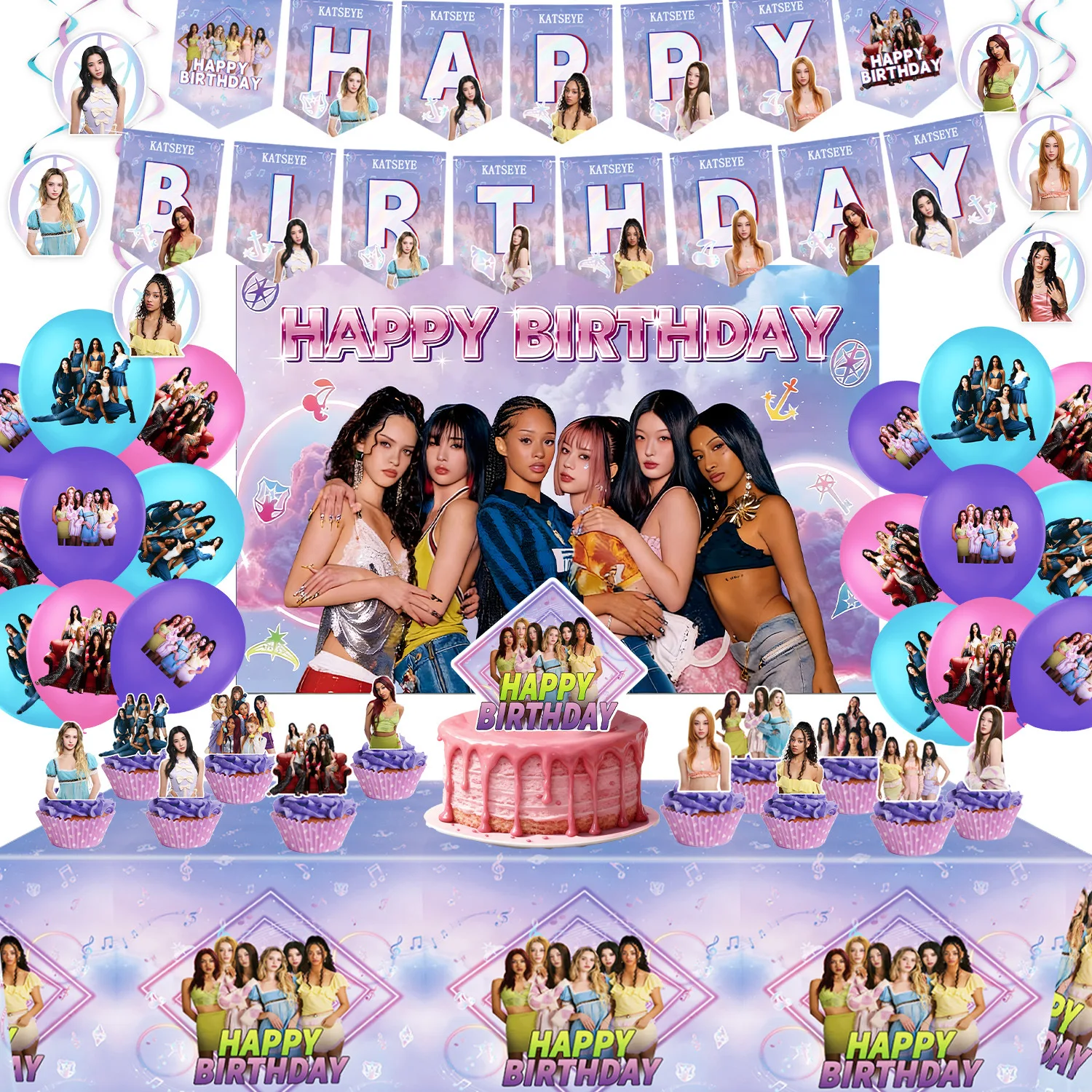K&Katseye Idol Birthday Party Supplies Decoration Kpop Girl Cup Plate Flag Banner Balloon Cake Napkin Balloon Set Sticker Toys