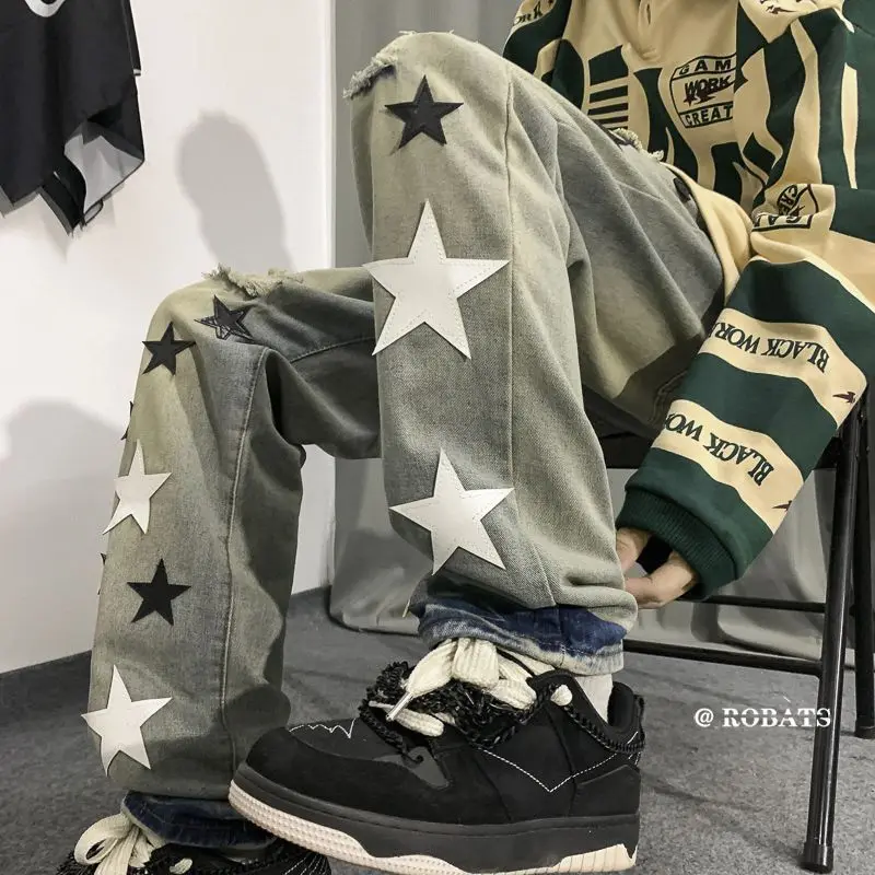 American Street Men and Women Trendy Personalized Five pointed Star Graphic Straight leg Jeans Spring Hip Hop Casual Pants y2k