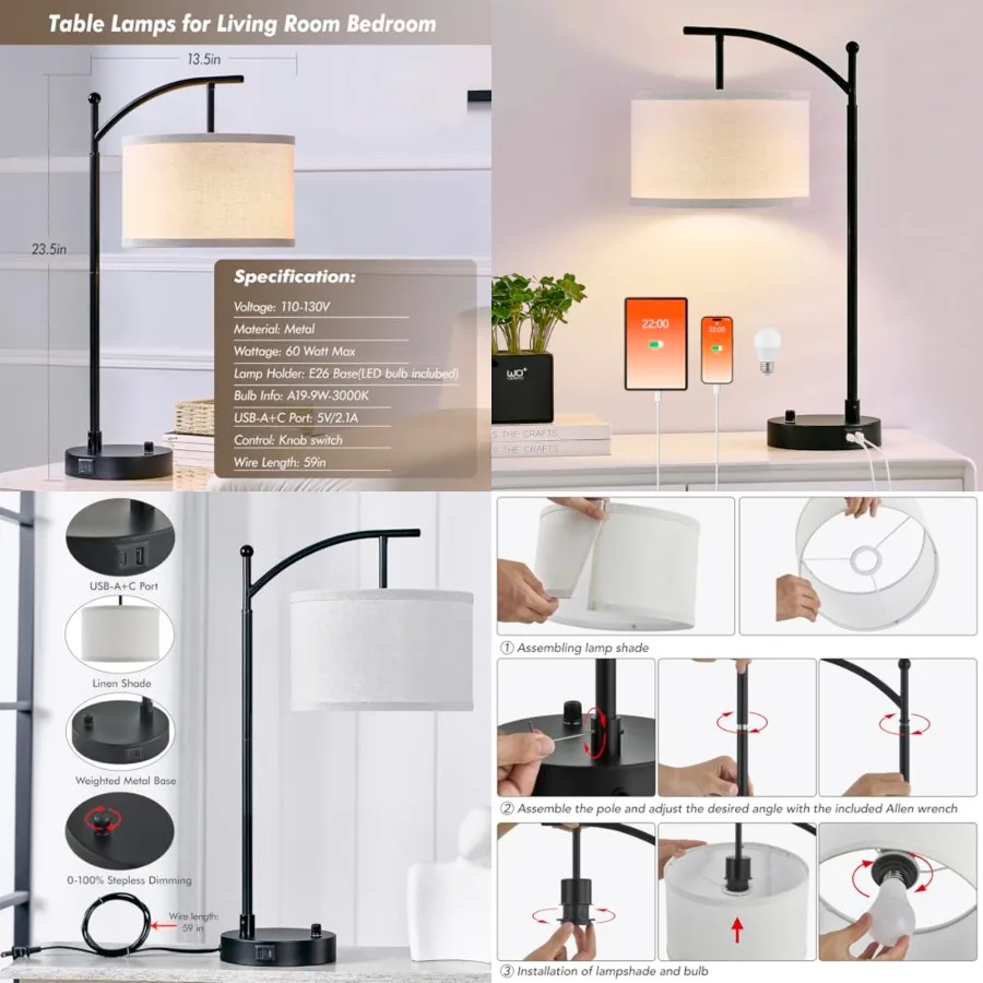 

Table Lamp for Living Room Bedroom, 23.5" Table Lamp with USB C+A Ports, Bedside Lamp for Nightstand with Linen Lamp Shade, Dim