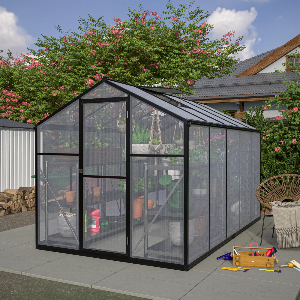 6x10 ft Outdoor Polycarbonate Greenhouse Kit with Aluminum Frame, Walk-in Garden Green House with  Lockable Door & Adjustable