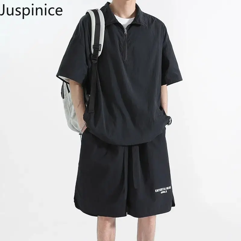 

Juspinice POLO Neck Ice Silk Мужская летняя тонкая быстросохнущая футболка Рубашка Шорты Свободный повседневный спортивный комплект из двух предметов Мужская одежда